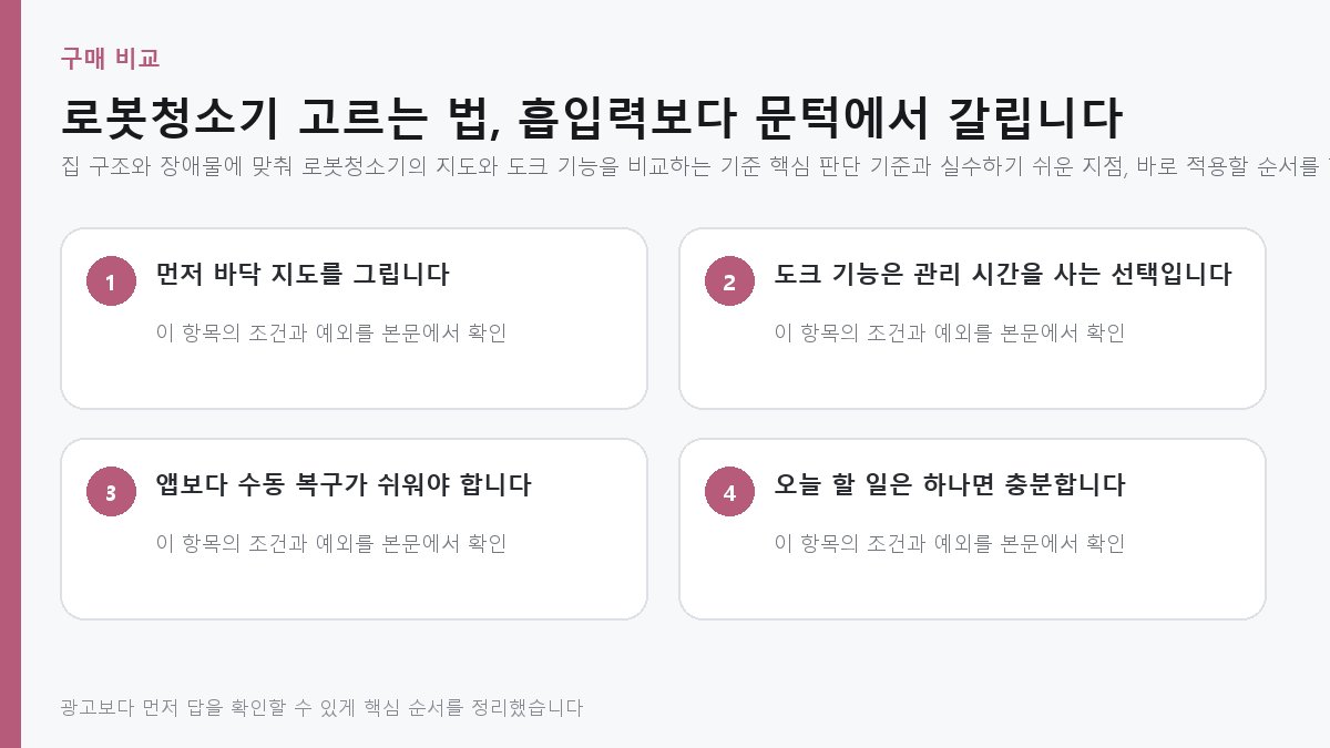 집 구조와 장애물에 맞춰 로봇청소기의 지도와 도크 기능을 비교하는 기준